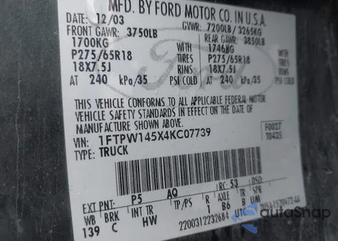 2004 Ford F-150 Fx4/Lariat/Xlt z USA, uszkodzony, nr VIN 1FTPW145X4KC07739